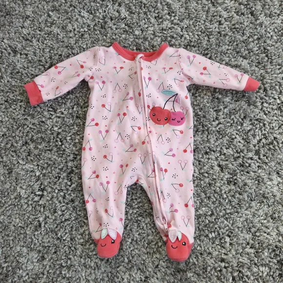 Baby Girl Pajama Bundle 0-3 Months Pink Blue Zip Up Flower, Cherry Strawberry - Picture 4 of 5